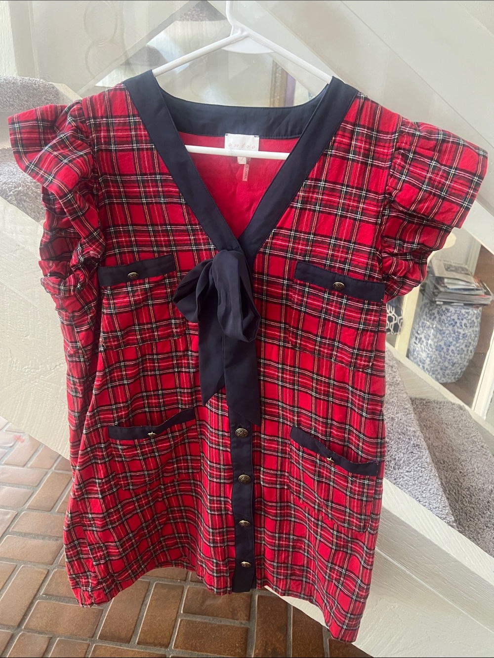 Holiday Red Plaid Bow-Front Dress with gold buttons L